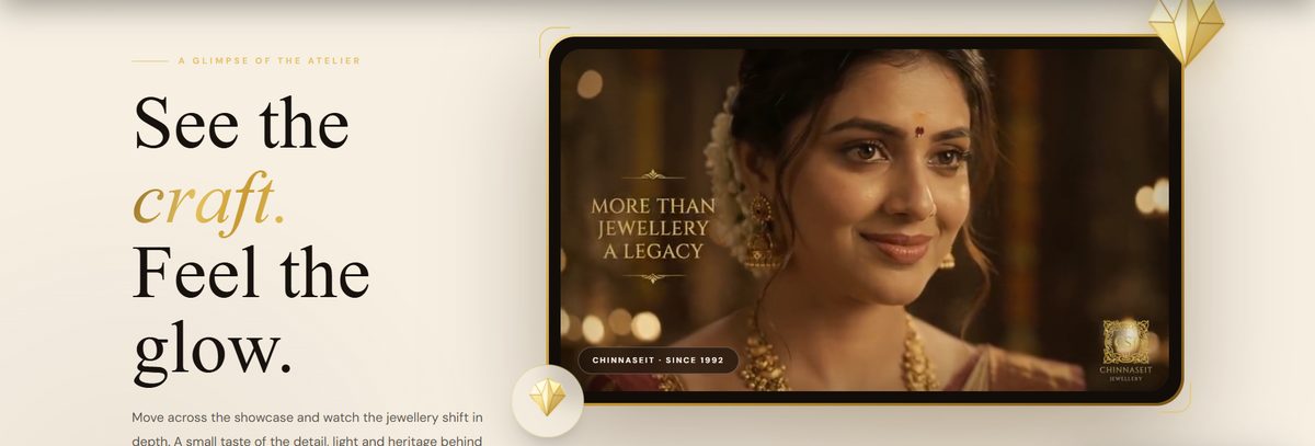 Homepage showcase section headed "See the craft. Feel the glow." beside a framed brand film, with an interactive 3D showcase call to action.