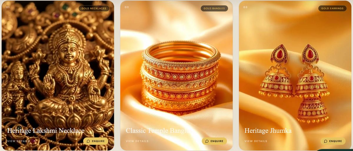 Collections page showing three product cards: a Lakshmi gold necklace, temple gold bangles and gold jhumka earrings, each with an enquire button.