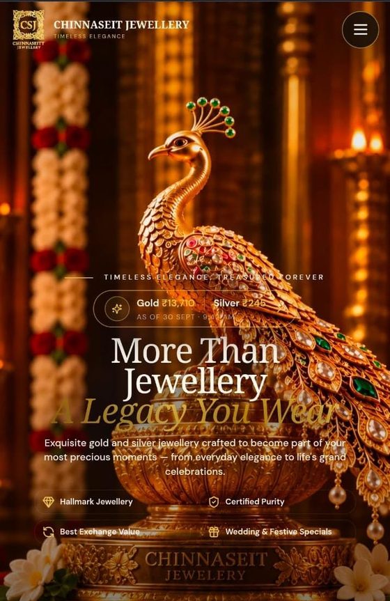 Mobile view of the homepage with the live gold and silver rate, headline and calls to action to explore collections and book a visit.